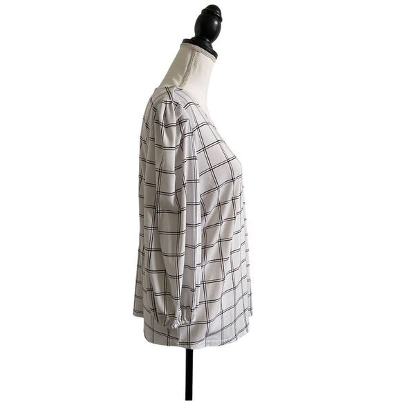 Adrianna Papell Windowpane Grid Print 3/4 Sleeve Blouse White & Black Size Large - Picture 4 of 8